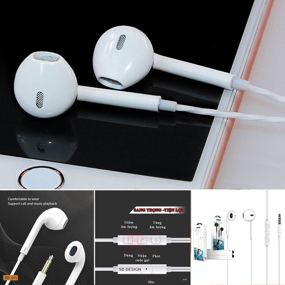 Tai nghe chính hãng nhét tai SD Design X15 và H6 dùng cho các dòng điện thoại jack 3.5mm,có mic bảo hành 1 đổi 1