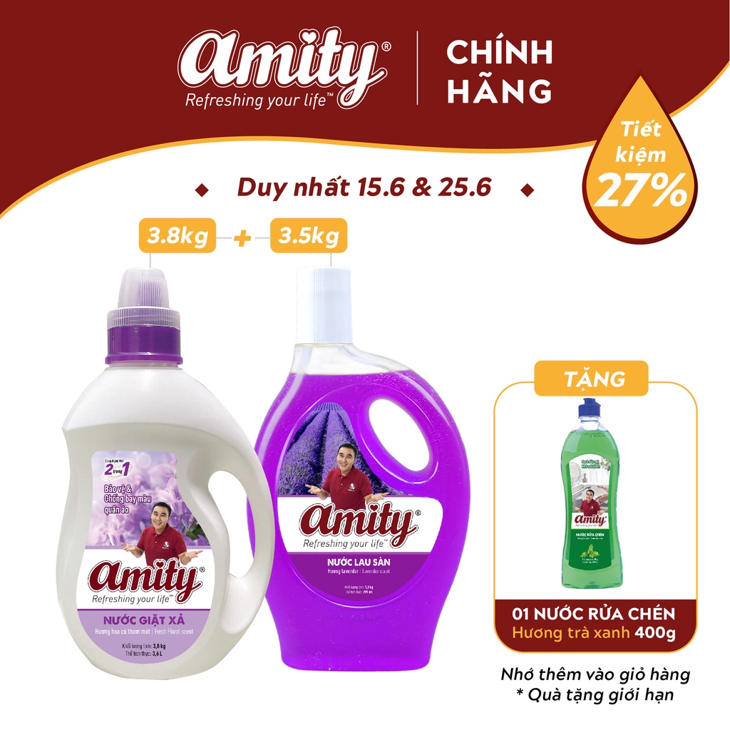 Combo Nước Giặt xả AMITY 3.8kg + Nước lau sàn AMITY 3.5Kg - Tặng 1 chai Nước Rửa Chén 400gr