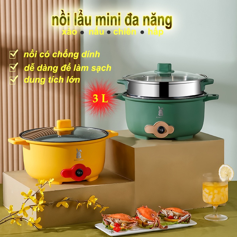 Nấu cơm điện đa năng có tay cầm 3L-Nồi lẩu điện kèm giá hấp Inox,ca mỳ đa năng cooking pôt,bảo hành 6 tháng
