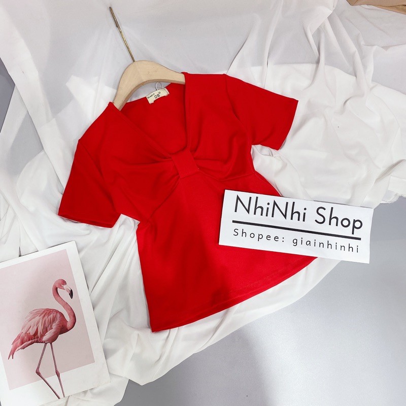 Áo kiểu nơ ngực ngắn tay dáng ôm, Áo thun kiểu cổ nơ tôn dáng vải cotton co giãn CS1322 - NhiNhiShop | BigBuy360 - bigbuy360.vn