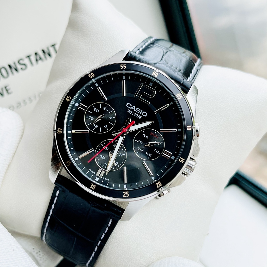 Đồng Hồ Nam Casio MTP-1374L-1A Dây Da Đen Mặt Đen, Kính Khoáng, Size 42mm Chống Nước 50 mét, Bảo Hành Một Năm