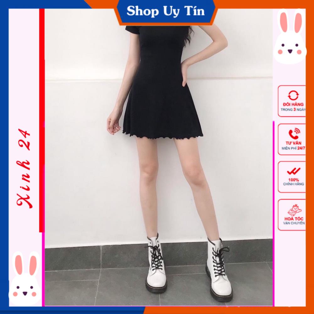 Đầm Nữ Body Đen Viền Bèo Váy Cộc Tay Xinh 24 Chất Thun Gân Dáng Ngắn thiết kế xinh xắn