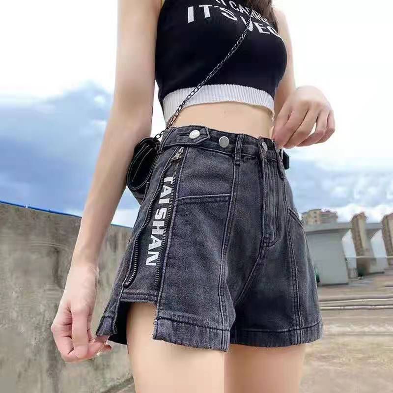 Quần Short Jean Lưng Cao Dáng Rộng Có Khóa Kéo Bên Hông Phong Cách Hàn Quốc Hàng Mới