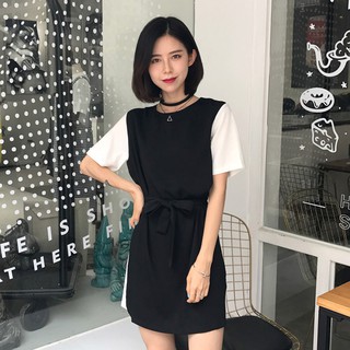 HÀNG ĐẶT TRƯỚC VÁY TRƠN PHỐI TAY TRẮNG THẮT NƠ ULZZANG SẴN ĐEN(ẢNH THẬT SAU)