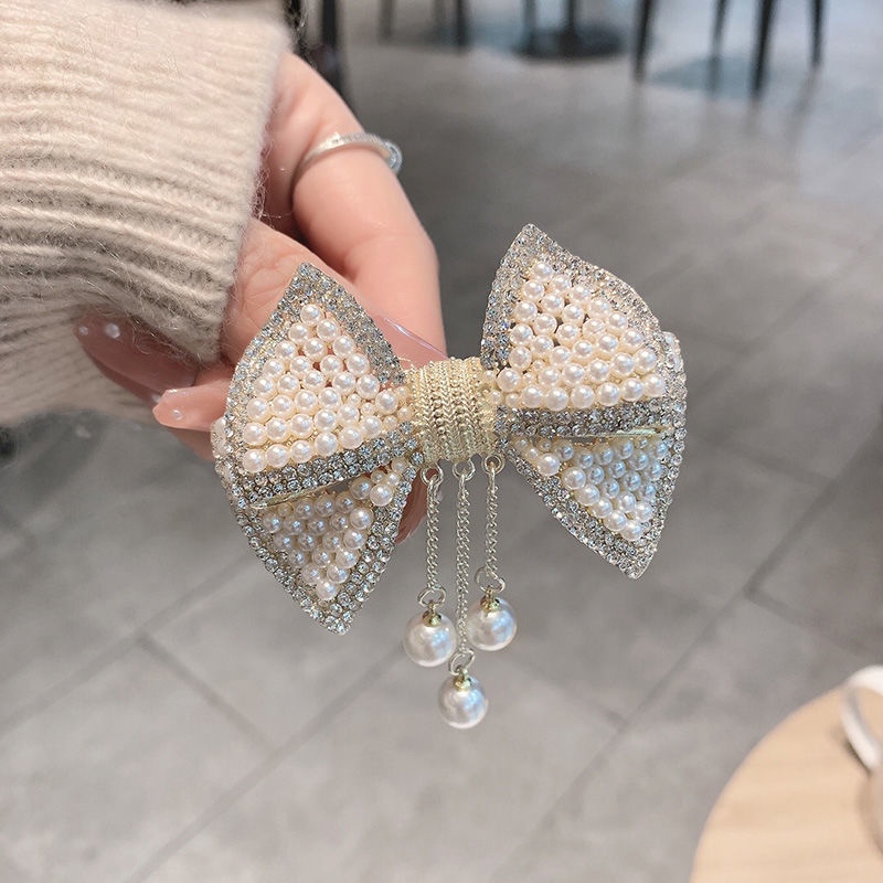 Kẹp Tóc Đính Nơ Tua Rua Đính Ngọc Trai Thời Trang Dành Cho Nữ