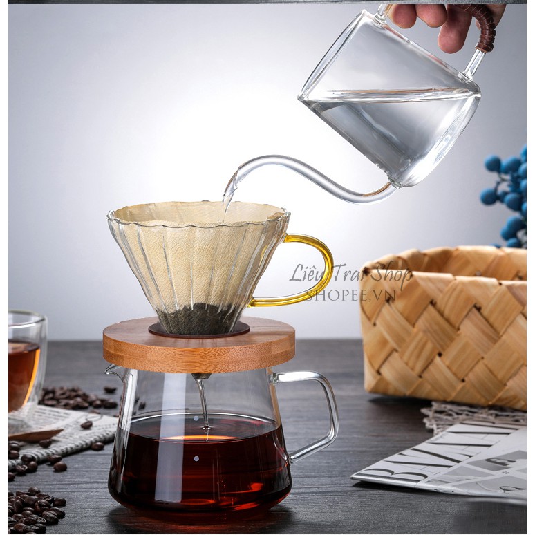 Phễu pha cà phê cafe giấy lọc V60  thuỷ tinh Pour over drip chemex giá gỗ kèm gioăng silicone