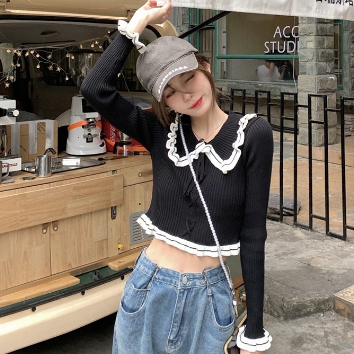 【Hana and Alice】Áo Dệt Kim Tay Dài Cổ Búp Bê Hở Eo Quyến Rũ Trẻ Trung Cho Bạn Gái