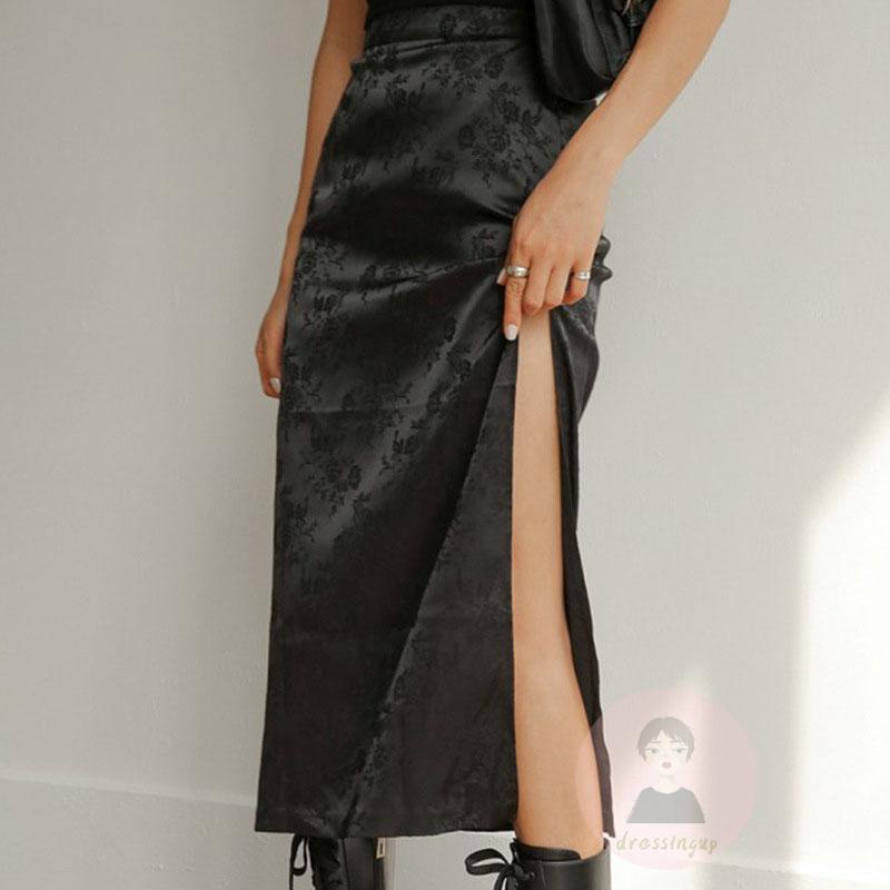 Chân Váy Midi Dài Xẻ Tà Lưng Cao Thêu Hoa Phong Cách Gothic Cho Nữ