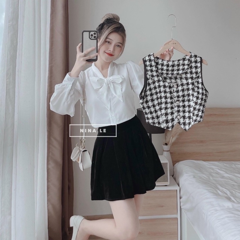 Sét áo sơ mi nơ phối áo gile dạ kẻ mix chân váy nhung siêu xinh