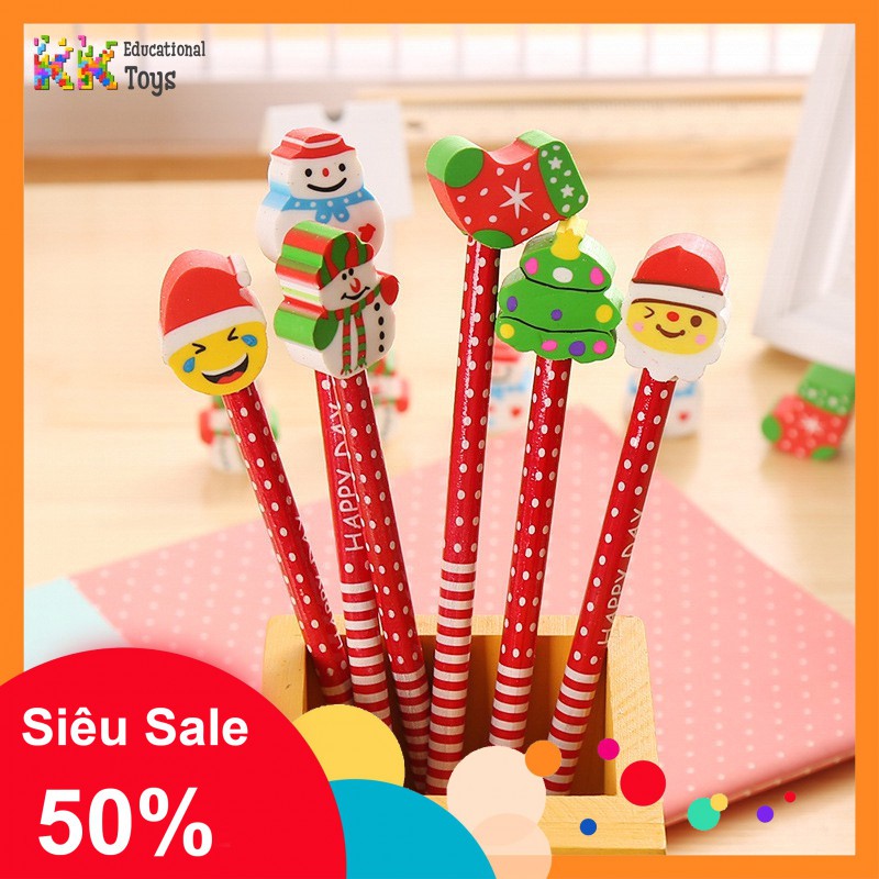 Đồ dùng học tập: Combo 10 chiếc bút chì đầu tẩy chủ đề Noel - KKstore