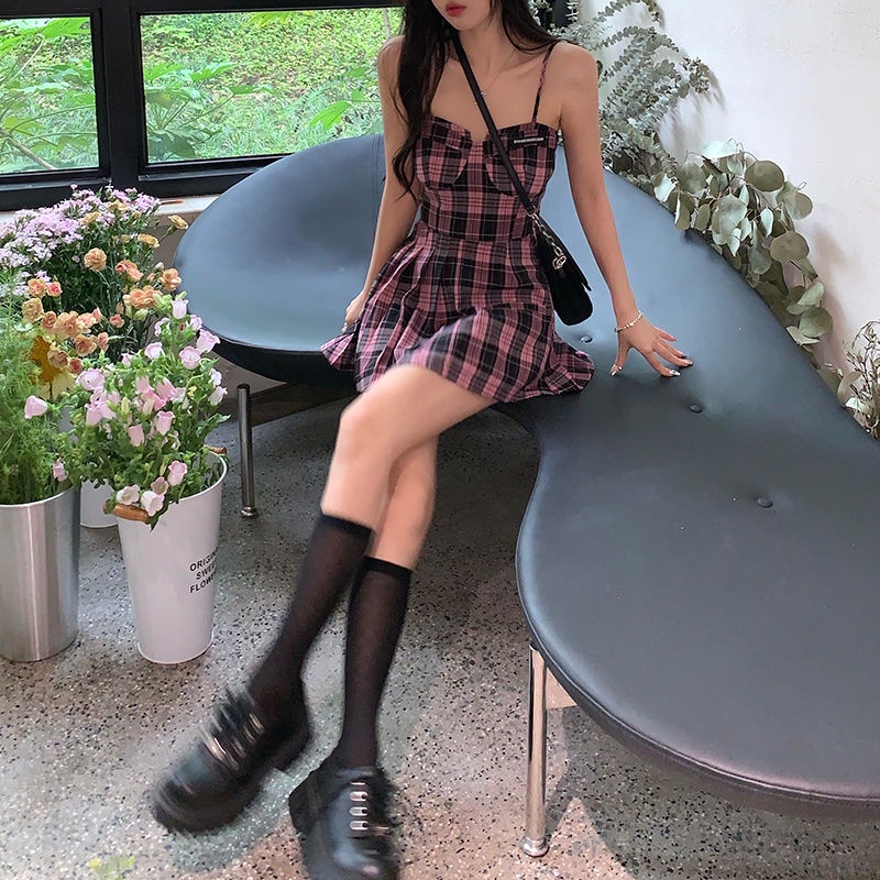 Jiashucheng Set Áo Hai Dây Phối Chân Váy Sọc Ca Rô Thời Trang Trẻ Trung Cho Nữ