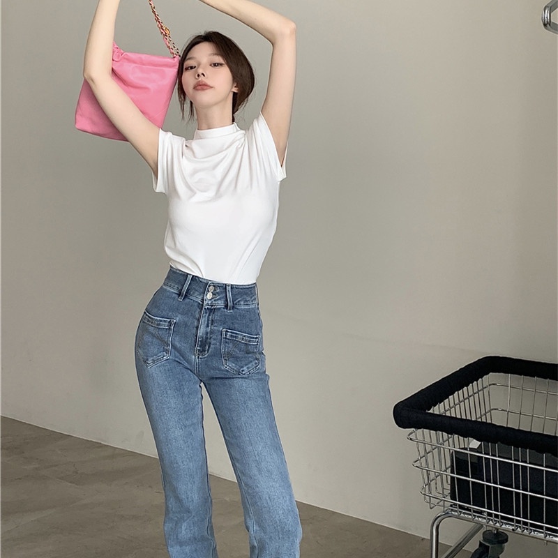 Áo Thun Tay Ngắn Cổ Cao Màu Trơn Dáng Ôm Thời Trang Cho Nữ