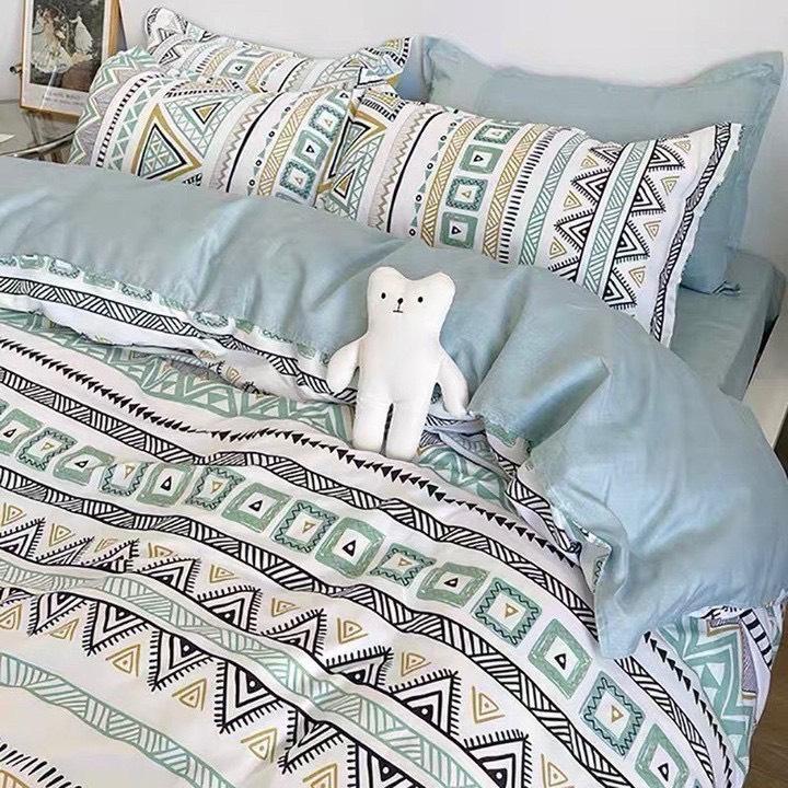 Bộ chăn ga gối Thổ Cẩm Xanh cotton poly