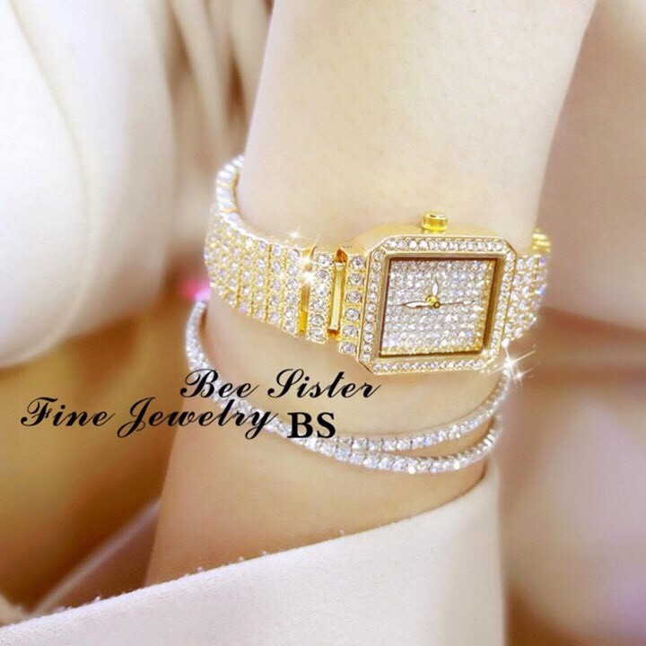 Đồng Hồ Nữ BEESISTER BS14 Mặt Vuông Đính Full Đá Siêu Đẹp Dây Thép Không Gỉ