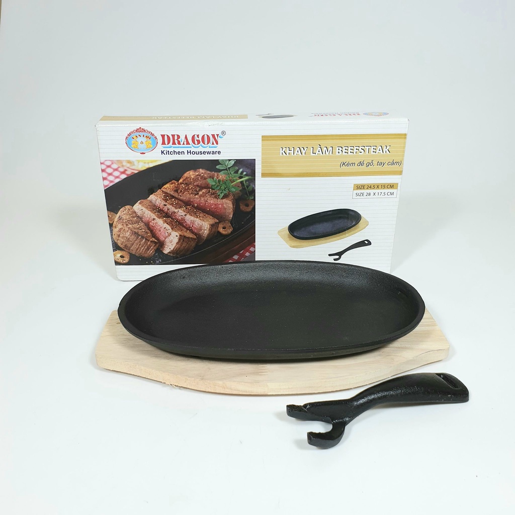 [ Đế Gỗ ] Chảo Gang Chống Dính Làm bít Tết Oval Đa Năng