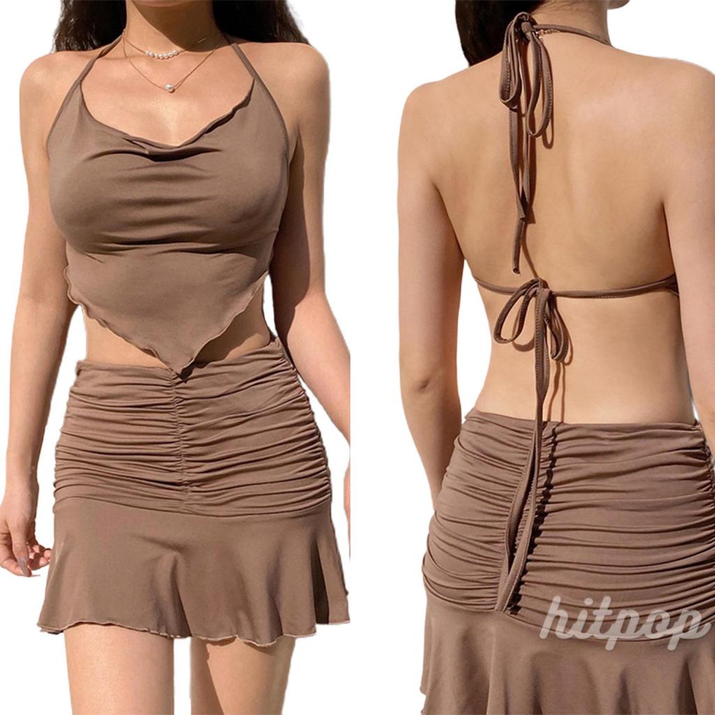 Hitpop-Female Vest, Girls Solid Color Sleeveless Strappy Spaghetti Strap Crop Tops, Matching with High Waist Pleated