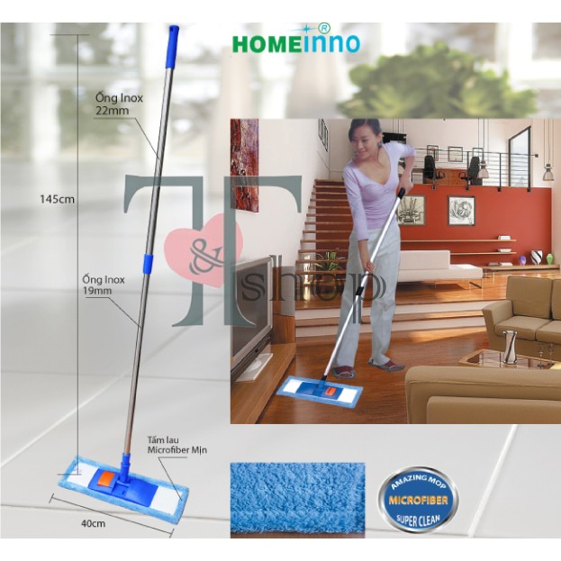 Cây Lau Nhà Inox San Hô Microfiber 40cm Đế Nhựa Cài Homeinno