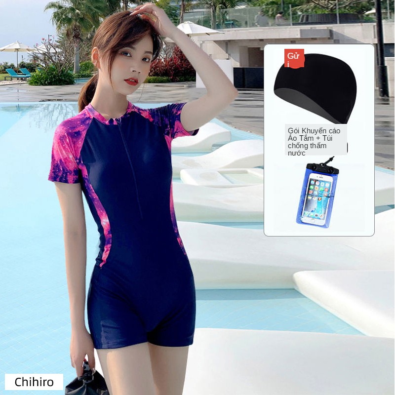 Korean Womens Sexy Sports Zipper Short Sleeve One-piece Swimwear | BigBuy360 - bigbuy360.vn