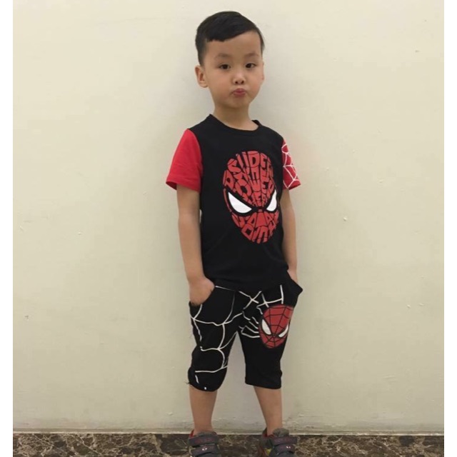 (Tặng mặt nạ) Bộ quần áo hình người nhện màu đen cho bé trai,100% chất cotton - Hãng Little Mon