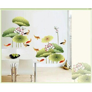Decal dán tường ao sen cá chép