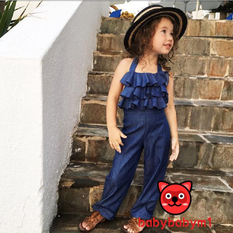 Bộ Áo Liền Quần Denim Cho Bé Gái