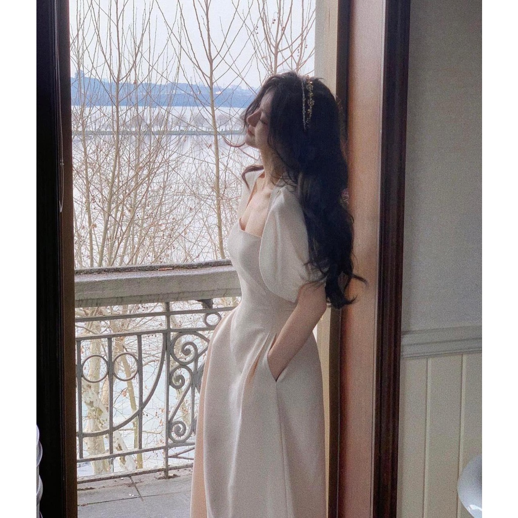 Đầm Xòe Thiết Kế Phối Tay Dáng Dài Họa Tiết Trơn Phong Cách Sang Trọng Màu Trắng, Đen  | ROSE CLOTHING D0582