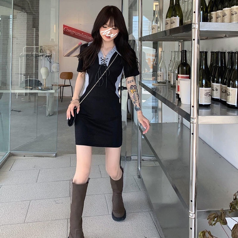 Đầm Ngắn Ôm Eo Cao Màu Đen Có Cổ Thời Trang Mùa Hè Dành Cho Nữ