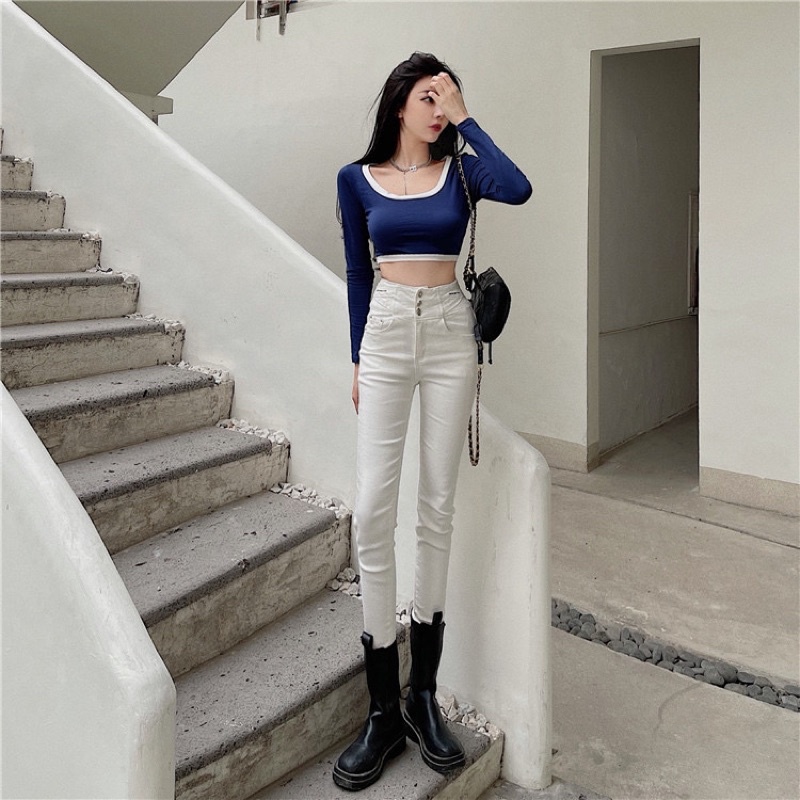 Quần skinny jean nữ co giãn mùa thu 2021 mới, cạp cao