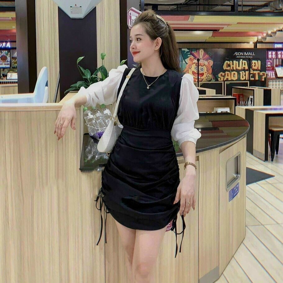 Váy đầm nữ body tay dài rút dây hai bên hông
