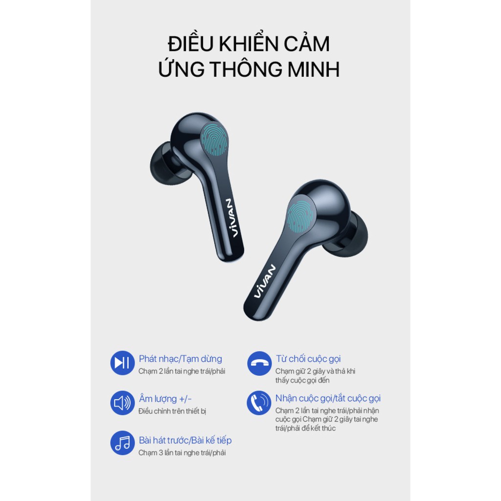 Tai Nghe Không Dây Bluetooth 5.0 VIVAN T200 True Wireless Chống Nước IPX4 Cảm Ứng Thông Minh Playtime Đến 22H Chính Hãng