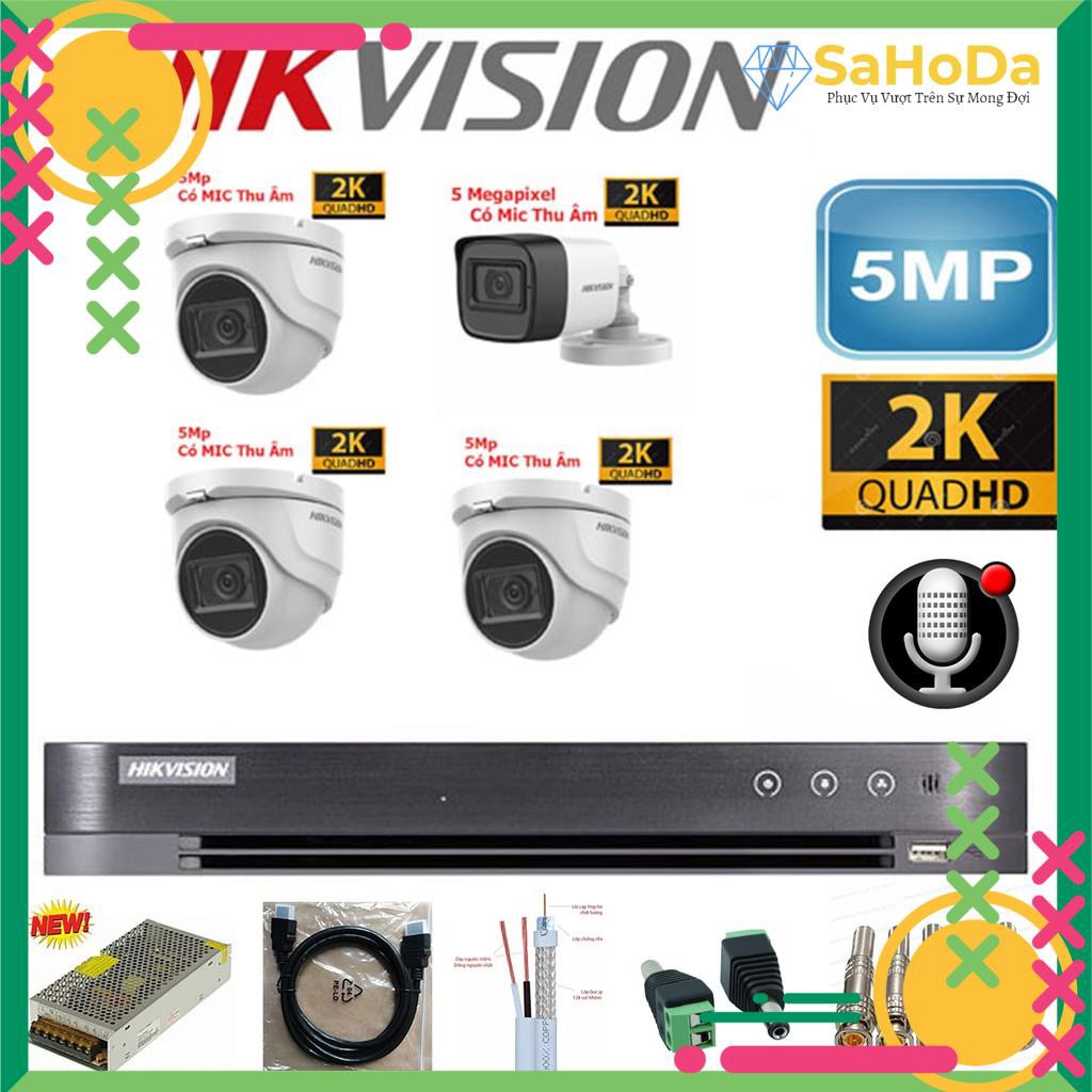 {Tích Hợp Mic}Trọn bộ 4 Camera 5Mp Hikvision Chính hãng tích hợp mic ghi âm, đầy đủ phụ kiện