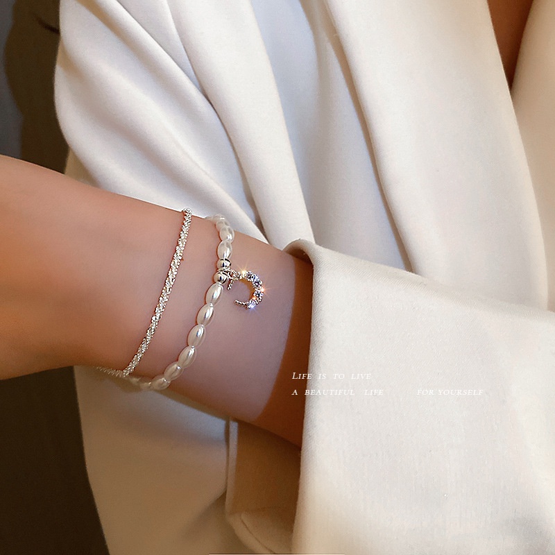 Korean Style Zircon and Sparkling Pearl Double Layer Bracelet
