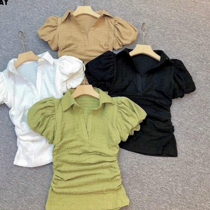 Áo cổ đức zúm eo tay phồng nhiều màu , áo kiểu polo zúm eo thời trang DUMI