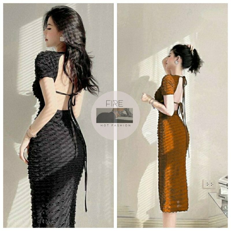 Đầm body dài đầm ôm hở lưng cột dây phía sau khoe lưng gợi cảm Ảnh thật tự chụp Fire.vn 092