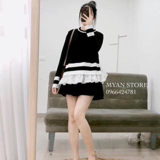 ÁO SƠ MI NỮ LEN ZIP ĐEN MIX TRẮNG BÈO GẤU