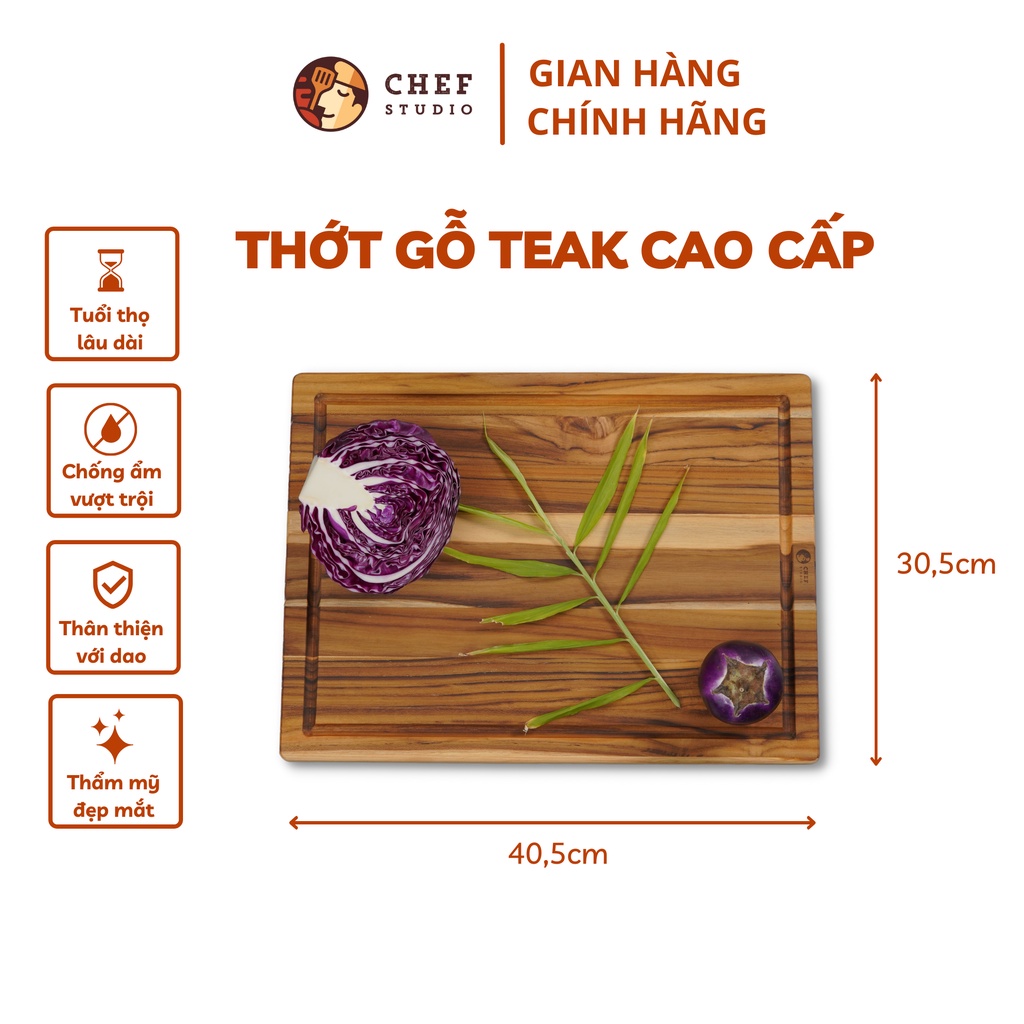 Thớt gỗ Teak Chef Studio cao cấp hình chữ nhật có rãnh, dùng cho cắt thái và trang trí