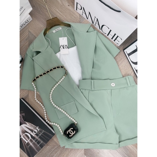 [ 𝐅𝐑𝐄𝐄 𝐒𝐇𝐈𝐏 ] SÉT VEST XANH QUẦN SOOC 3 MÓN Ạ . CHẤT CHÉO THÁI MẶC LÊN ĐỨNG FORM LẮM Ạ