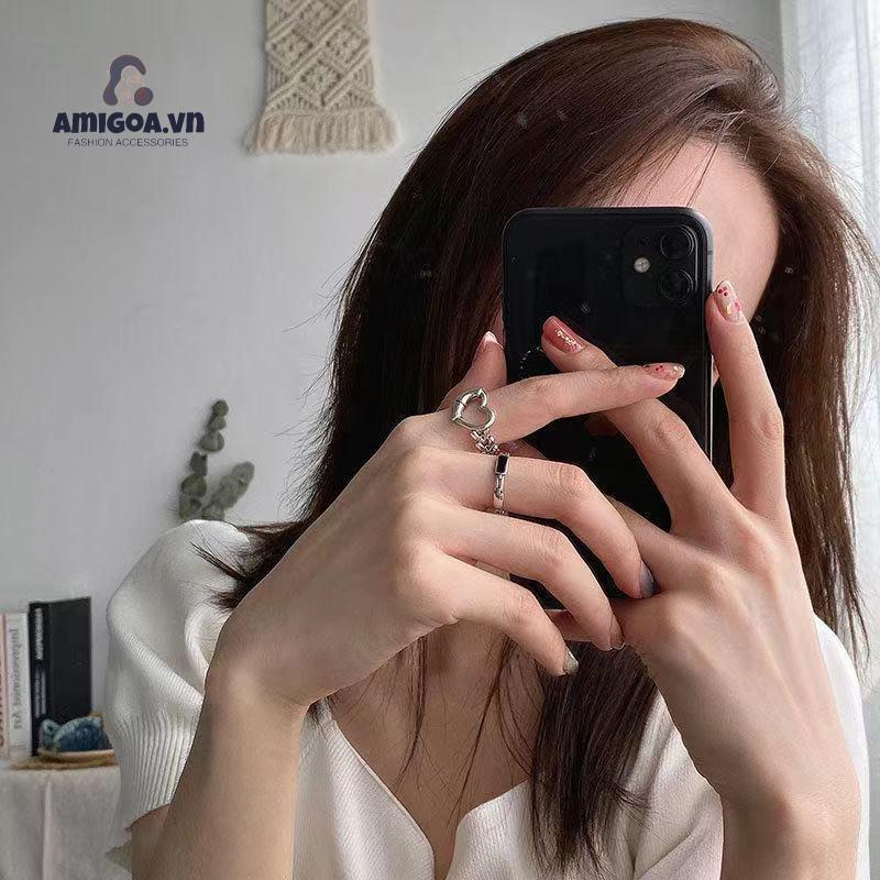 ✨✨Set nhẫn 17KM màu bạc đơn giản mỏng khoét rỗng hình trái tim phụ kiện trang sức cho nam nữ