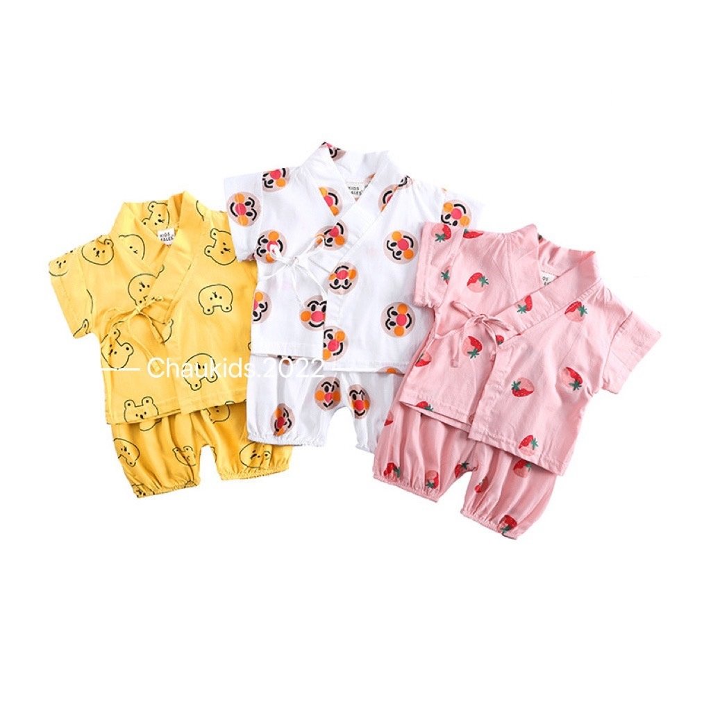 Đồ Bộ Yukata Cho Bé Trai, Bé Gái Vải Thô Mềm Thấm Hút Mồ Hôi Hoạ Tiết Gấu Hoa Quả, Bộ Quần Áo Cho Bé Mặc Hè KW2207