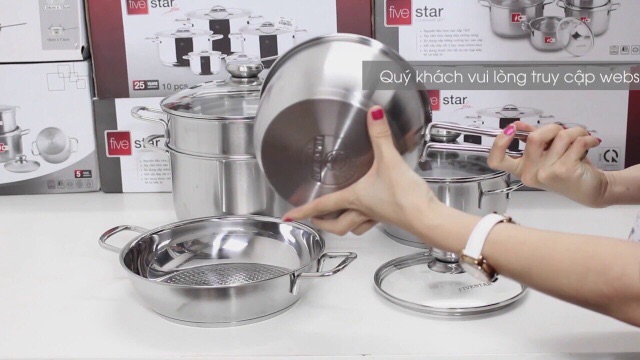 Bộ nồi 5 chiếc fivestar vung kính, inox 3 đáy, dùng bếp từ ( có xửng hấp)