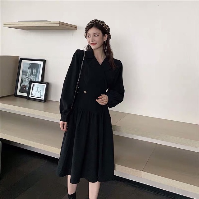 (Order) bigsize L-4XL Đầm elsa thiết kế cổ vest phối cúc nhấn eo sang chảnh