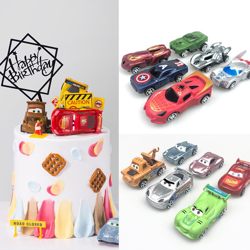 Set/bộ 6 xe ô tô hoạt hình trang trí bánh kem, bộ 6 xe siêu xe mô hình