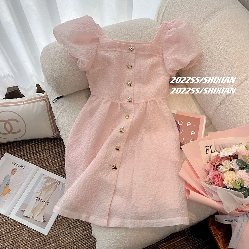 Đầm Công Chúa Tay Phồng Cổ Vuông Màu Hồng Phong Cách Pháp Ngọt Ngào Thời Trang Cho Nữ  tao bao