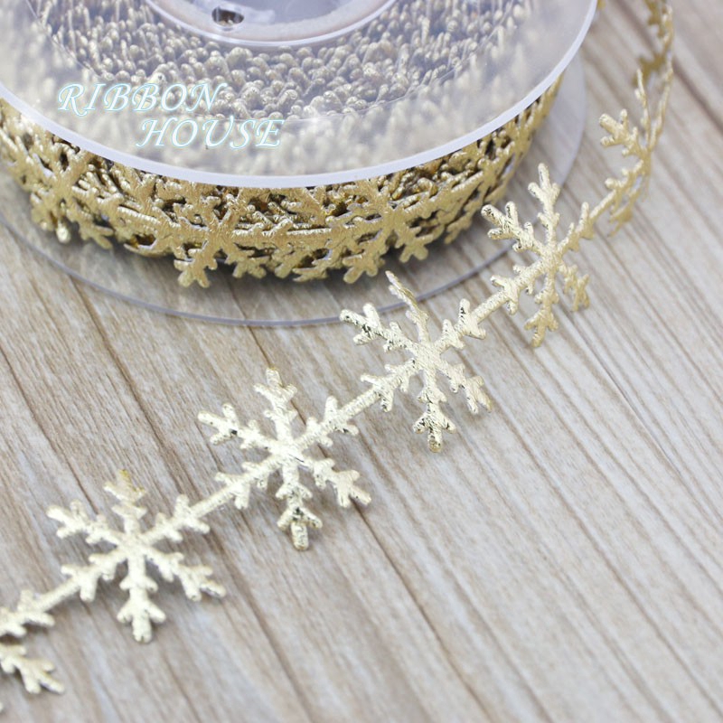 (Cuộn 10m / Cuộn Dây Ruy Băng Ren Hoa Tuyết Màu Bạc / Vàng Trang Trí Giáng Sinh