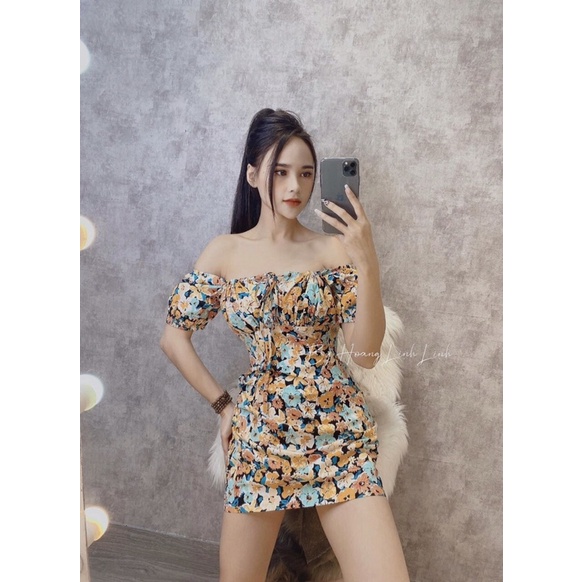 Váy body trễ vai, đầm body trễ vai chít eo thon sexy hoạ tiết hoa nhí