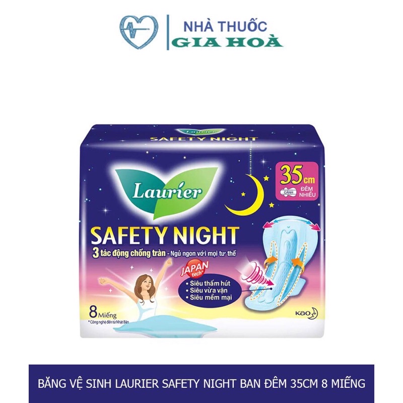 Băng vệ sinh ban đêm siêu an toàn Laurier Safety Night 35cm cho đêm nhiều, ngủ ngon với mọi tư thế (Gói 8 miếng)