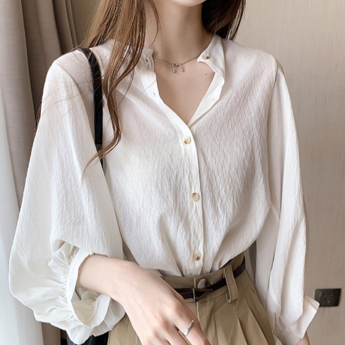 [Có sẵn - Ảnh thật] ÁO SƠ MI ĐŨI TAY BỒNG CỔ TRÒN BUNG CÚC PHONG CÁCH HÀN QUỐC Áo sơ mi học sinh ulzzang