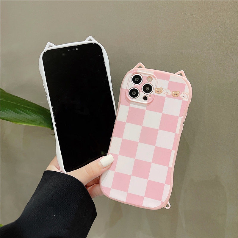 Ốp điện thoại kiểu tai mèo mẫu kẻ caro FrkY thích hợp cho IPhone 11 12 Pro Max Xr XsMax 7 8 Plus SE 2020