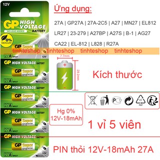Pin 12v 27a gp27a 27a-2c5 a27 mn27 el812 lr27 23-279 a27bp a27s b-1 ag27 ca22 el812 l828 r27a 27a-l5 gp 1 vỉ 5 viên