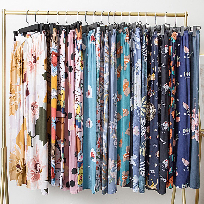 Quần Ngủ FINTOO Bằng Lụa Cotton Họa Tiết Hoa Ống Đứng Dáng Rộng Thoáng Mát Cho Nữ 40-80 Kg